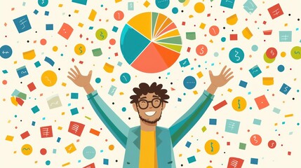 A man with glasses and a yellow shirt raising his hands in joy with confetti and a pie chart.