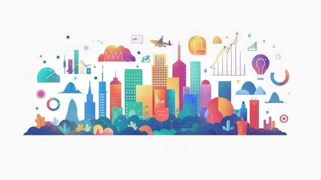 Colorful cityscape with icons representing business, technology, and progress. - Powered by Adobe