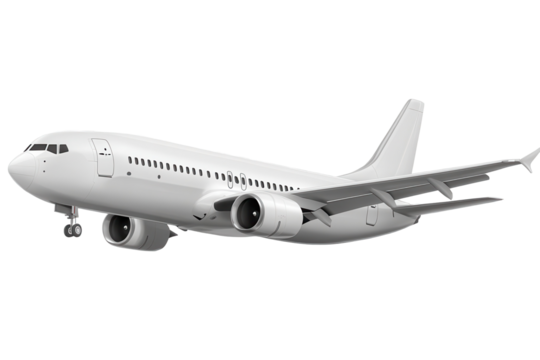 White commercial passenger airplane flying above a clear sky during daylight hours with a simple, streamlined design showcasing its aerodynamic features and operational capabilities
