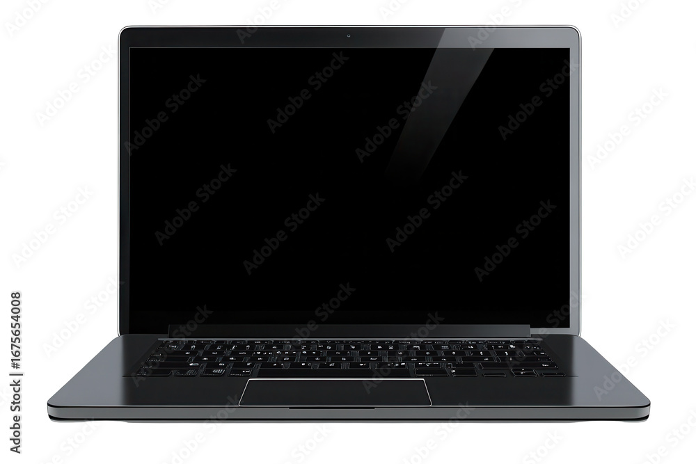 Poster modern laptop computer with a blank screen showcased from the front, highlighting sleek design and a