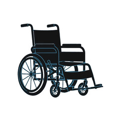 Fototapeta premium A detailed outline of a wheelchair, illuminated with a light blue glow, set against a pure black background.
