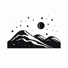 Nighttime mountains scene with stars and moon, minimalist style silhouette