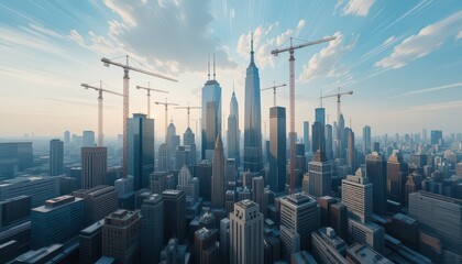 Soaring city skyline with cranes signifies ambitious urban development and modern construction projects underway