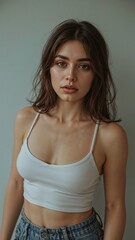Obraz premium A natural and serene portrait of a young woman wearing a white crop top and denim jeans, captured in soft lighting with a neutral expression