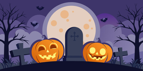 Halloween Night Scene with Pumpkins Gravestones Bats Trees and a Full Moon in a Spooky Purple and Orange Color Palette