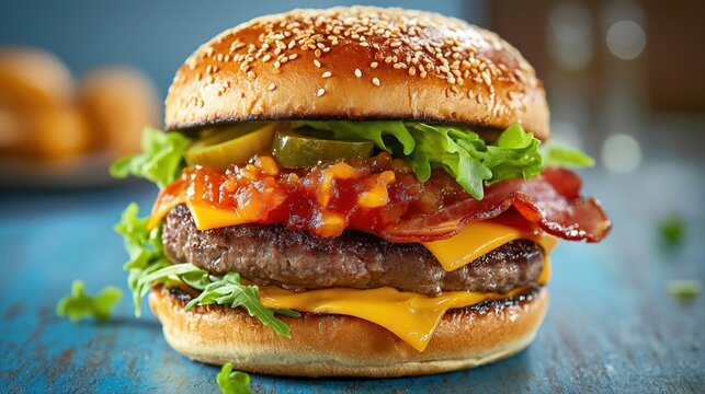 Savor this juicy, gourmet burger loaded with melted cheese, crispy bacon, and fresh toppings.