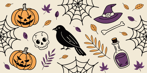 Whimsical Halloween Pattern with Pumpkins Crow Witch Hat Spiderwebs Skull Potion Bottle and Colorful Leaves on a Cream Background