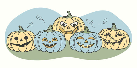 Fototapeta premium Whimsical Halloween Pumpkins with Unique Expressions a Festive and Colorful Illustration for Holiday Decor and Spooky Season Celebrations a Playful Design