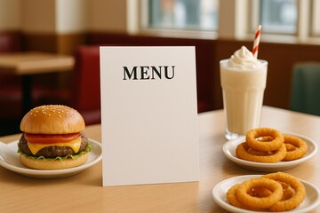 Realistic Menu Mockup with Burger, Onion Rings, and Milkshake in Cozy Diner Setting