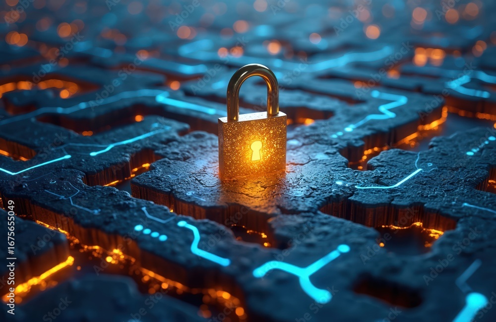 Poster golden padlock sits on textured digital labyrinth with glowing blue circuit pathways. technology, se