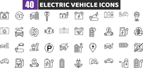 Electric Vehicle Line Icons | Car, Charging, and Battery Technology Symbols