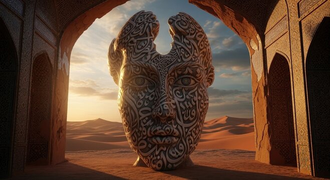 A surreal artistic depiction of a stone face statue in the desert at sunset - Powered by Adobe