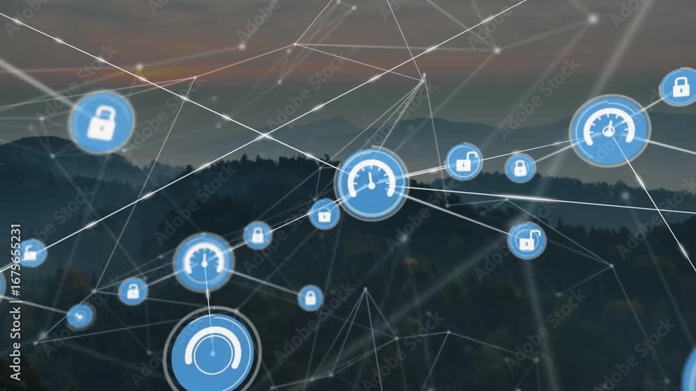 Poster animation of speedometer and padlock icons connected with lines moving over aerial view of mountains
