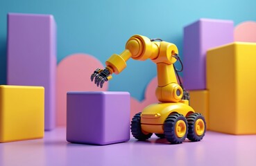 Obraz premium Playful yellow robot arm manipulates purple cube in vibrant geometric setting with blue background. Automation tech innovation future industrial machine manufacturing artificial intelligence digital