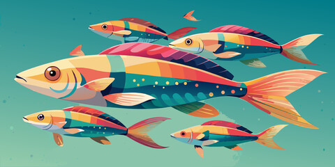 Fototapeta premium Colorful School of Fish Swimming in the Ocean Abstract Illustration with Vibrant Colors and Geometric Shapes Aquatic Life and Underwater Scene