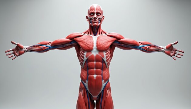 Detailed 3D illustration of human muscular system showing major blood vessels intertwined with muscles. Focus on musculature, circulation, providing anatomical insight for medical, science fields.