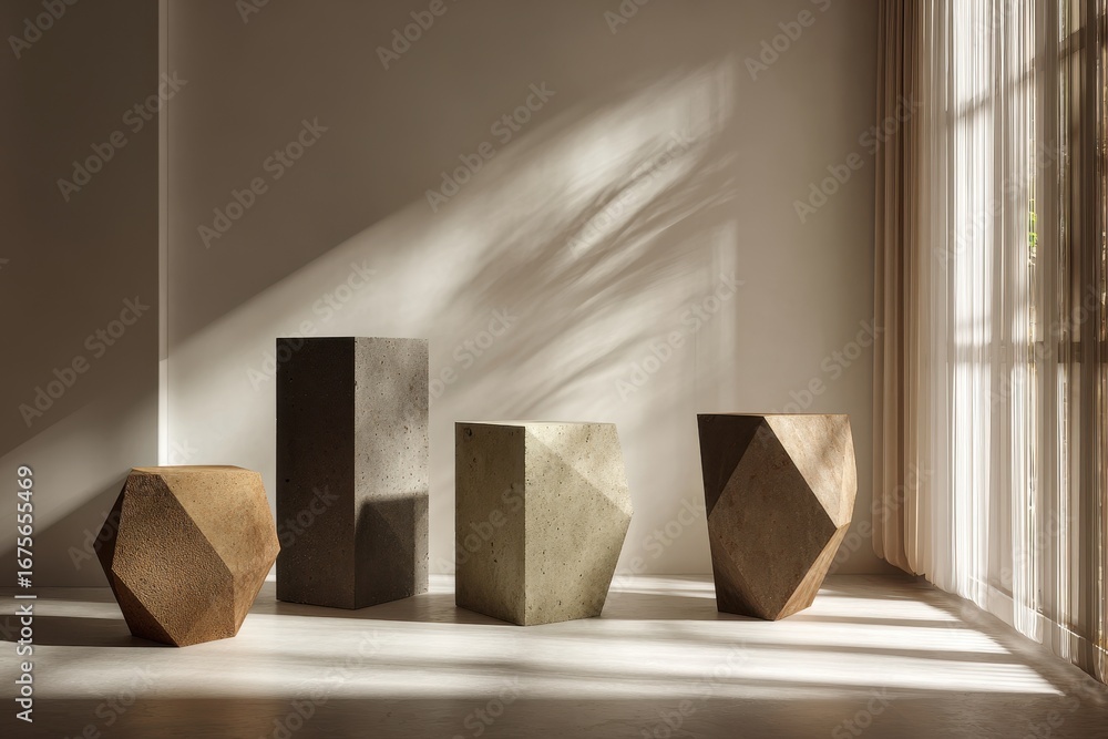 Aufkleber geometric stone display podiums arranged in a well-lit space showcasing unique shapes and textures f