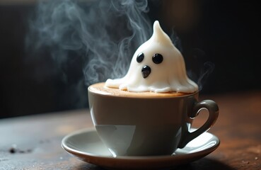 Cute ghost marshmallow sits atop steaming cup of coffee, evoking playful Halloween spirit. Whimsical beverage features delicate latte art, rising steam against dark, moody background, perfect for