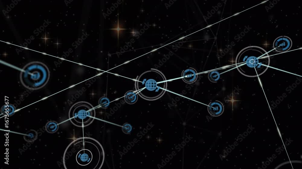 Poster animation of icons connected with lines over shining stars with galaxy in background