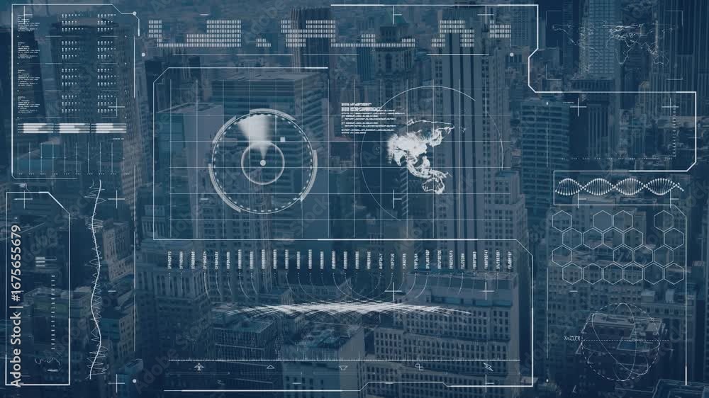 Poster digital animation showcases modern cityscape and data dashboard concept.