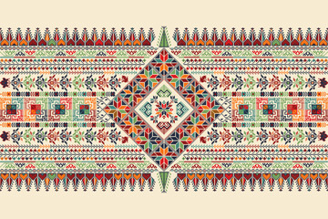 Traditional Tatreez embroidery horizontal seamless pattern, Palestinian border. Scalable vector design for print, background, template
