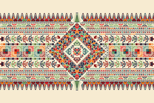 Traditional Tatreez embroidery horizontal seamless pattern, Palestinian border. Scalable vector design for print, background, template