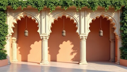 Elegant Indian architectural arches with rich green vines, hanging lanterns. Intricate stone pillars support ornate details. Sunlight casts shadows on warm-toned wall, creating tranquil, classic