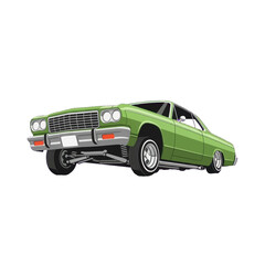 Fototapeta premium A lime green vintage coupe floats against a stark black background, showcasing its lowrider stance and detailed design.
