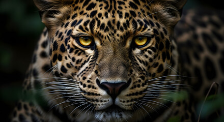 Fototapeta premium Closeup portrait of a leopards intense gaze and spotted fur