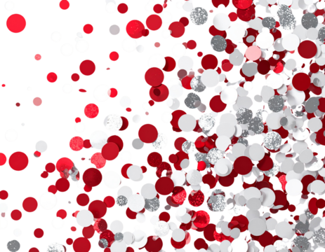  A dense cluster of small round holiday confetti dots in red, white, and silver, tight
