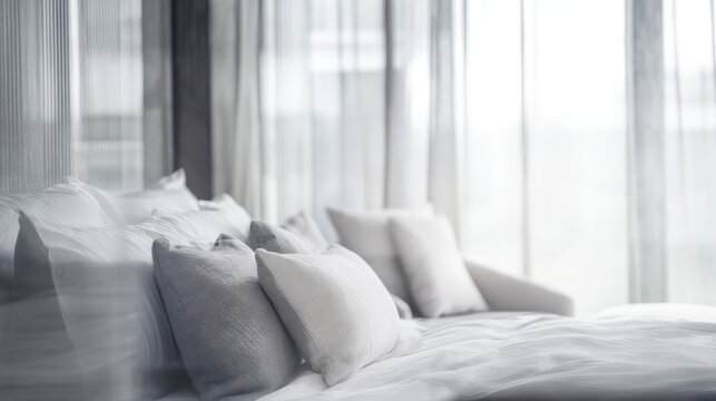 Serene morning view of simply styled hotel bedroom with soft pillows and natural light for hotel marketing, travel blogs, or relaxation concepts.
