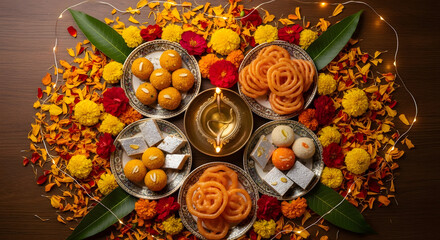 Diwali celebration with sweets, flowers, and a diya lamp