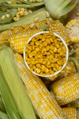 Close-Up Of Canned Corn In Bowl With Natural Fresh Corn.