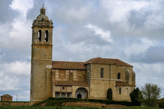 Stone tower of Santa Maria Arbis Church in Baquerin de Campos, Palencia