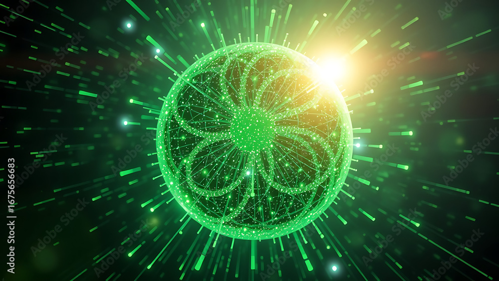 Poster 3d glowing cosmic sphere animation in the universe animated green 3d sphere made of shining particle