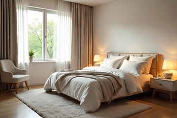 Serene bedroom interior featuring soft lighting, plush bedding, and calming neutral tones  Perfect for relaxation and peaceful sleep ,  natural light, bedroom,  interior