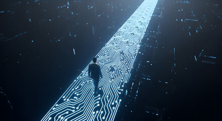 Man walking on a glowing blue circuit board path in digital space