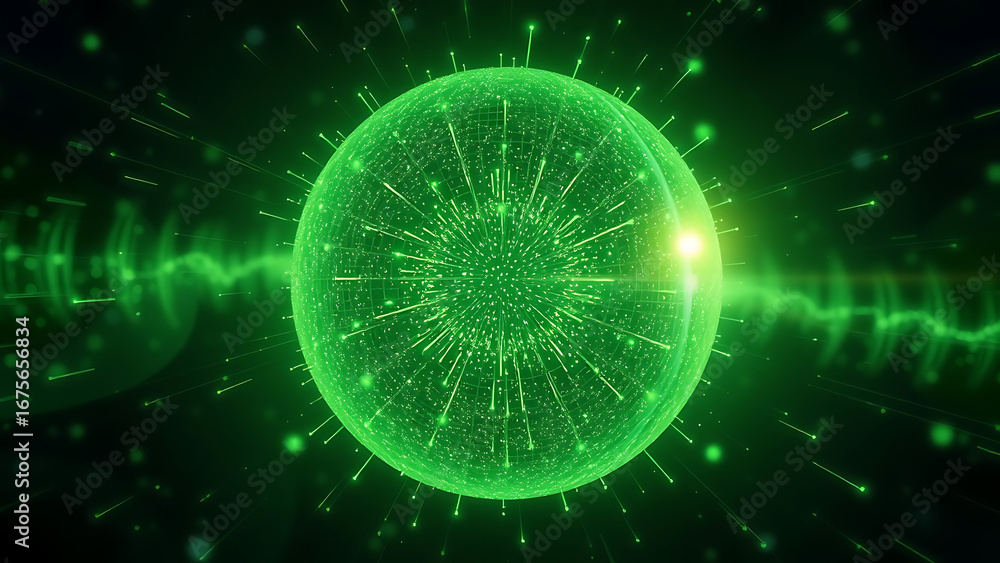 Poster 3d glowing cosmic sphere animation in the universe animated green 3d sphere made of shining particle