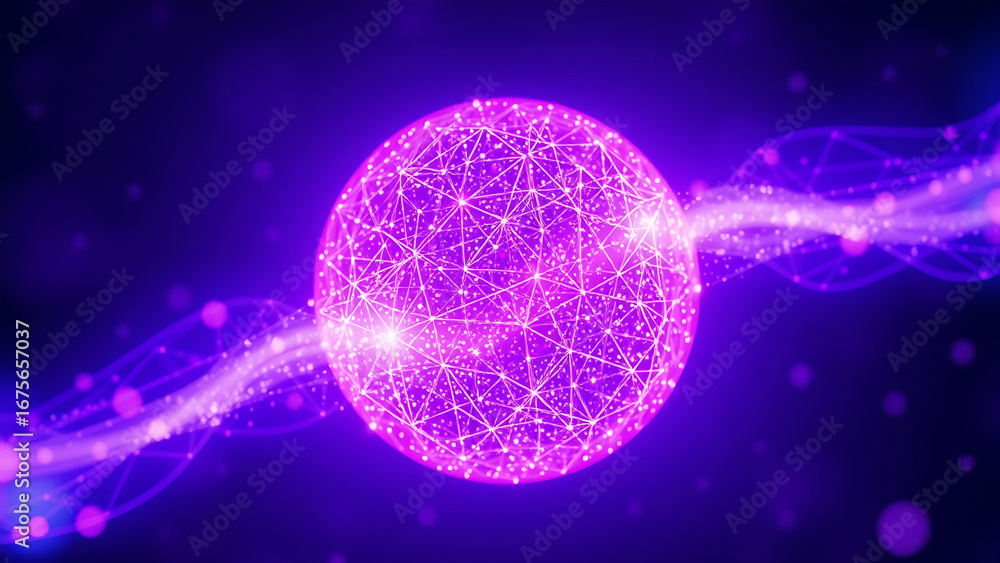 Poster abstract 3d sphere of purple and blue neon gradient particle waves artificial intelligence concept v