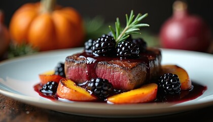 Seared beef fillet with rich blackberry reduction sauce, juicy meat garnished with fresh berries, rosemary. Served alongside grilled peach slices on white plate. Dish offers elegant, delicious fine
