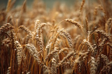 Fototapeta premium Wheat field swaying gently in warm summer breeze under soft sunlight creating a serene landscape of golden grains ready for harvest