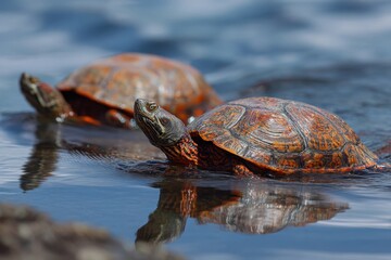 Obraz premium Turtles compete in a race toward the finish line amidst calm waters during a sunny afternoon in a natural habitat