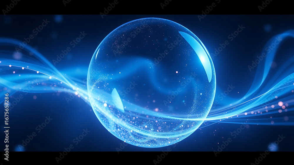 Poster abstract deep blue sphere of glowing particle waves and energy motion cosmic futuristic 3d sphere in