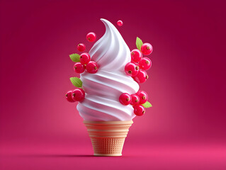  red currant ice cream explosion in waffle cone, milk dessert tarnodo, ice cream melting and spilling, space for text. Minimalistic, creative, summer design for advertising