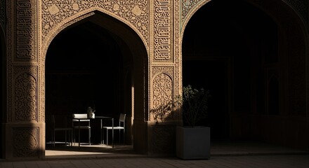 An inviting cafe space beneath an ornate archway, framed by a warm sunlight. The shadows add contrast