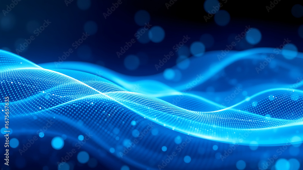 Poster abstract futuristic digital waves softly flowing with bokeh blue particle waves and dynamic waveform