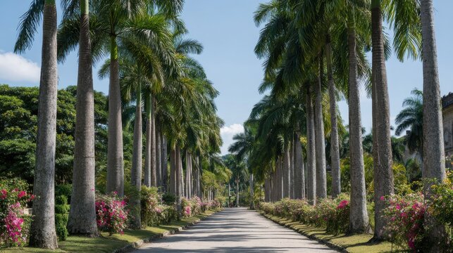 Palm Tree Lined Pathway In Tropical Garden. Serene Nature Walkway With Vibrant Flowers