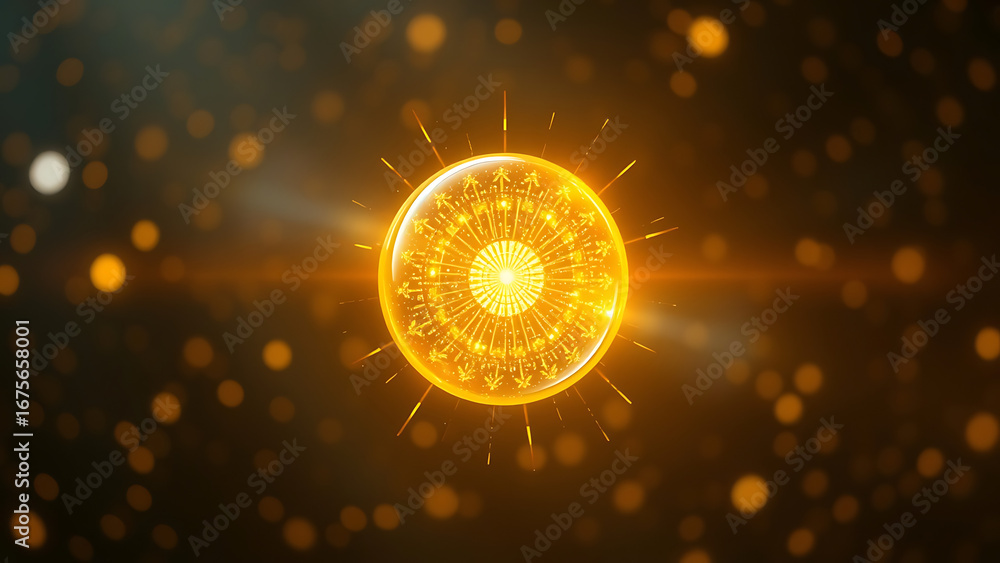 Poster bright glowing rotating particle 3d sphere in the universe abstract technology science engineering a