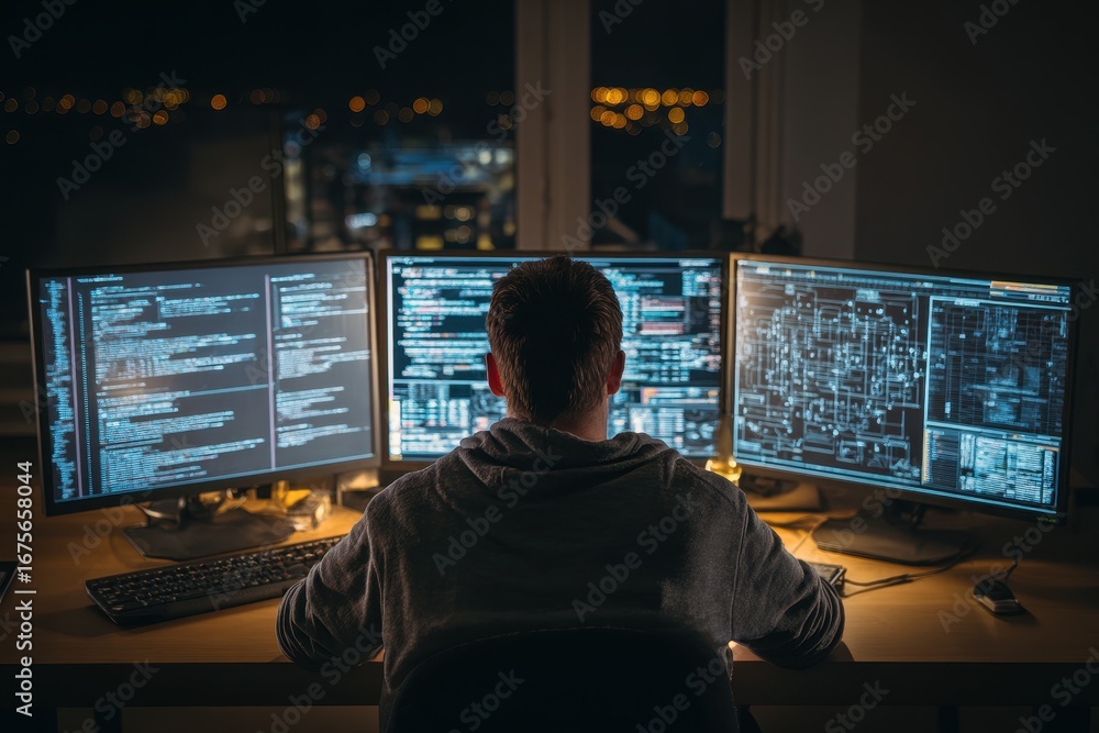 Poster programmer works late at desk with multiple monitors in a high-rise building overlooking a city skyl