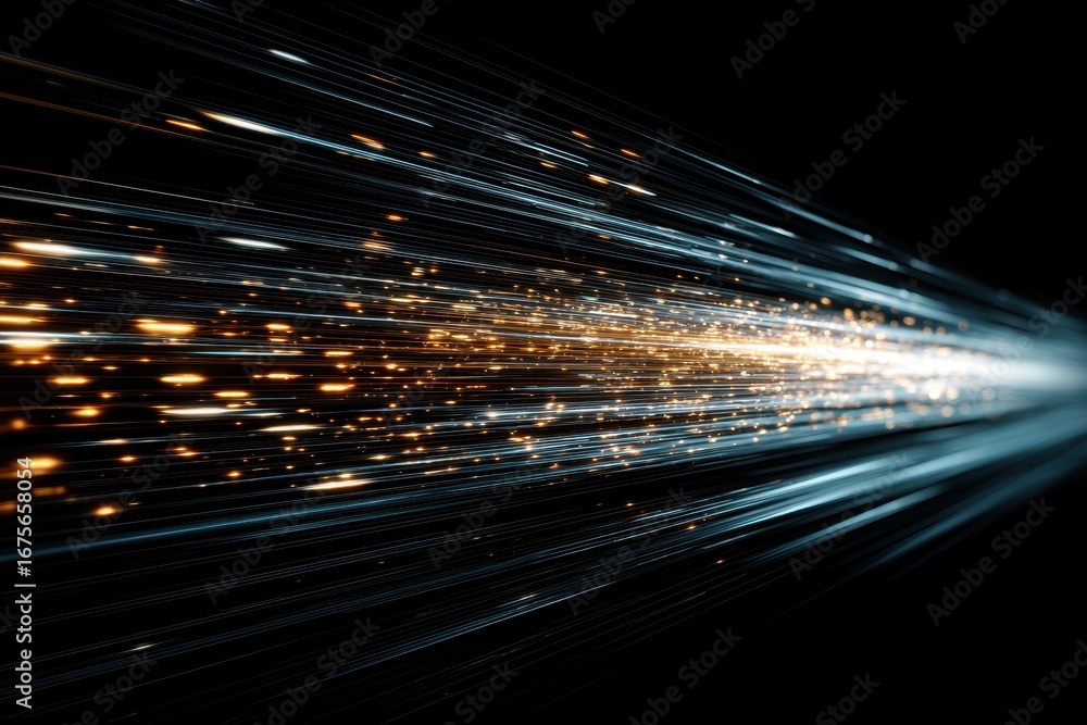 Poster abstract light streaks create dynamic movement against a solid black background, revealing a mesmeri